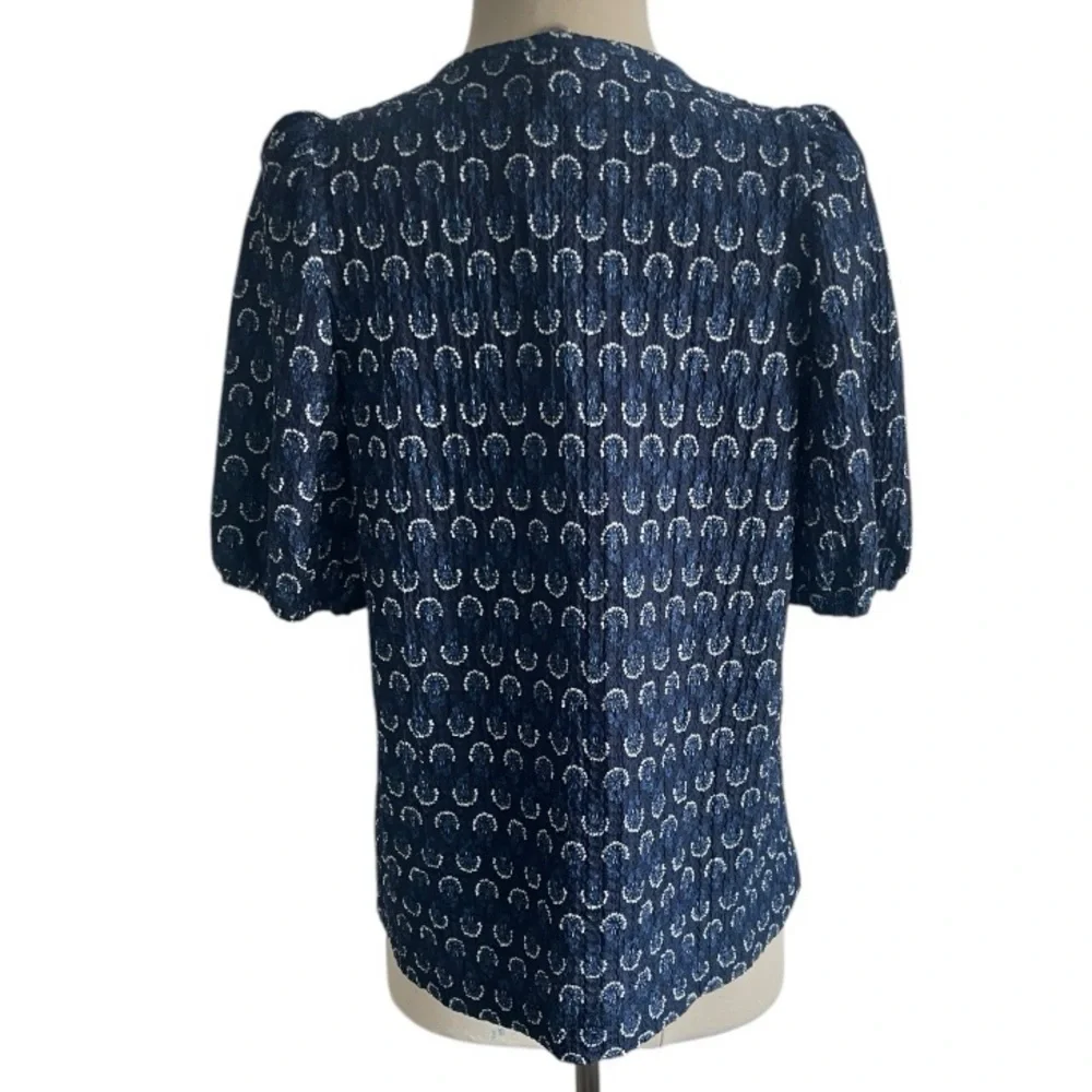 LOFT Navy Blue and White Top Short Puff Sleeve Small Tie Neck